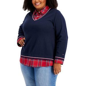 Tommy Hilfiger Womens Navy Plaid Layered Sweater Pullover Top Shirt Plus NWOT